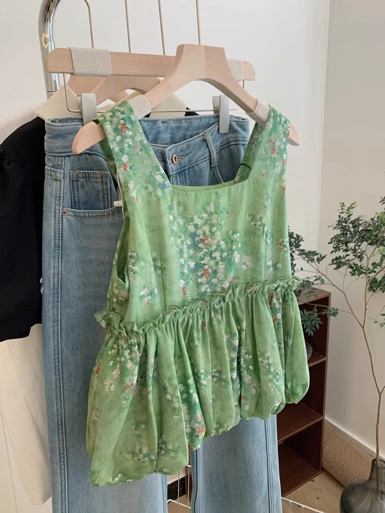 

Korean Style Green Floral Print Sleeveless Strap Vest Women Summer Outerwear Elegant Beautiful Short Shirt Top