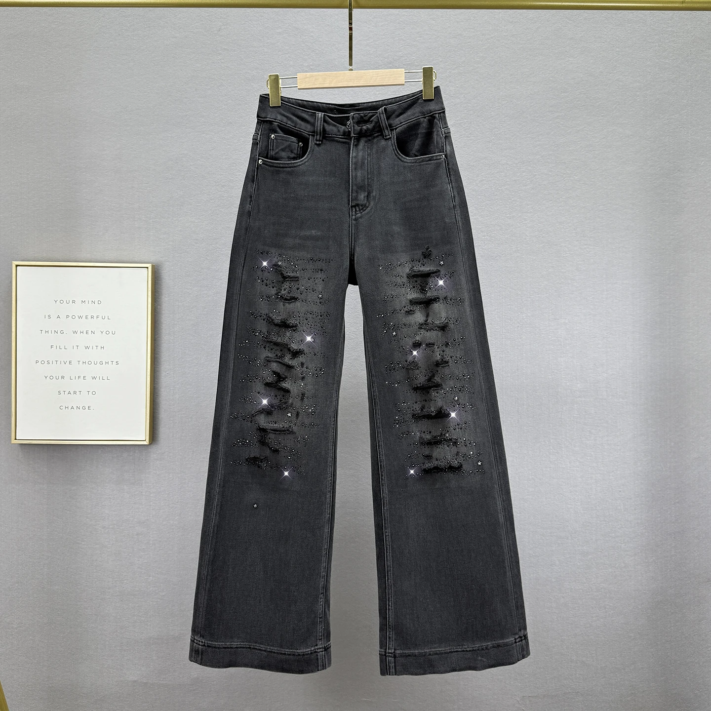 جينز ممزق مزيف للنساء، بنطال واسع الساق، خريف 2025 جديد عالي الخصر فضفاض للتخسيس على الطراز الأوروبي سروال طويل من حجر الراين #2