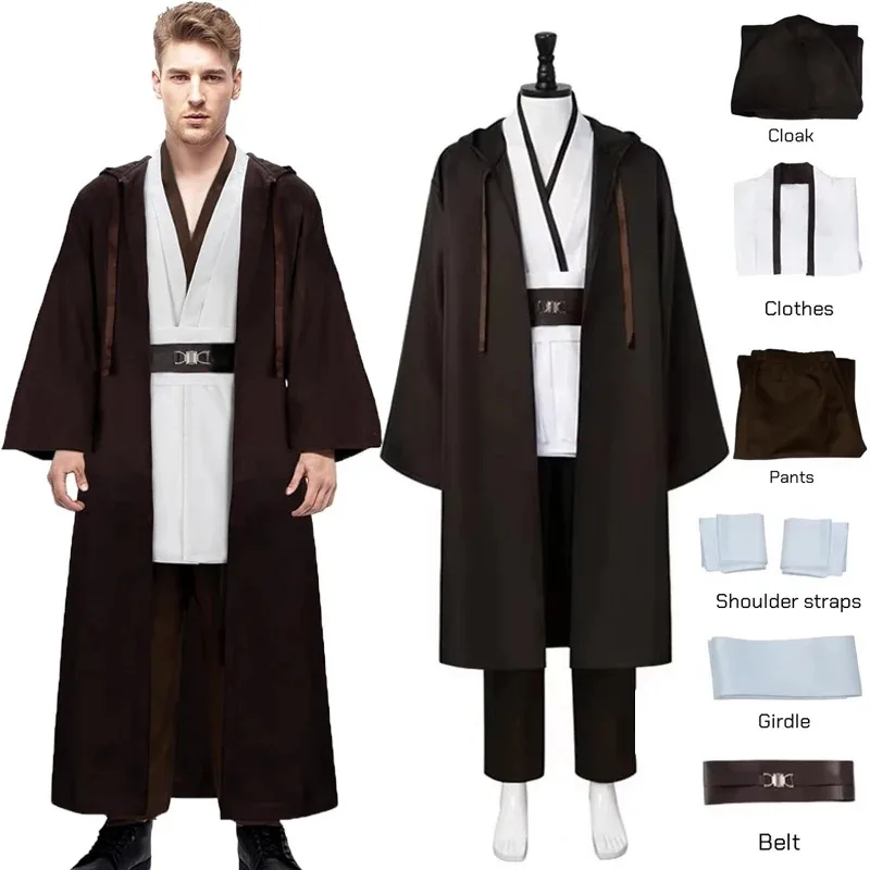 

Men's Jedi Obi Wan Kenobi Cosplay Costume Adults Obi-Wan Kenobi Tunic Hooded Robe Outfits Halloween Cosplay Uniform Full Set