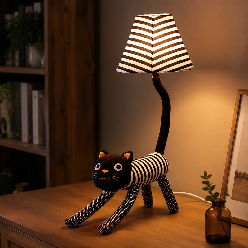 Modern Fabric Cat Shaped Animal Figure With Striped Shade Adjustable Poses For Kids Bedroom Nursery Living Rooms Floor Lamp