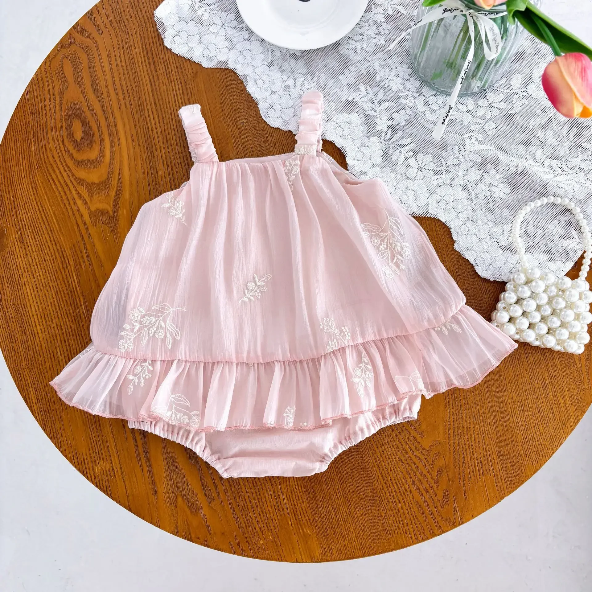 Summer Strap 0-2Y Newbron Soft Cotton Princess Baby Dress Romper with Floral Embroidery & Ruffled Hem for Baby Girl Ou