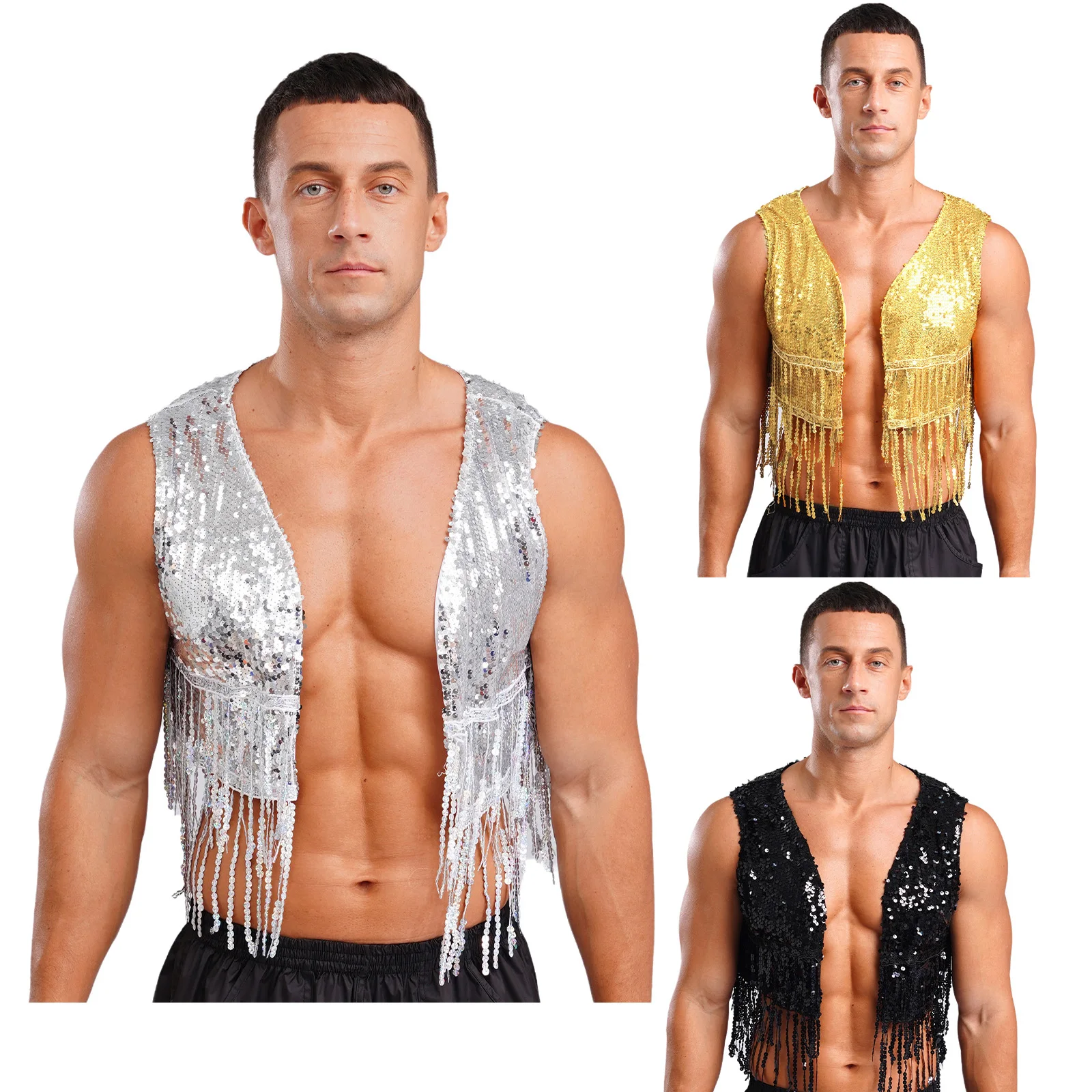 Mens Shiny Sequin Waistcoat Open Front Crop Vest Sleeveless Tassels Fringed Cardigan for Vintage 70s 80s Disco Party Clubwear