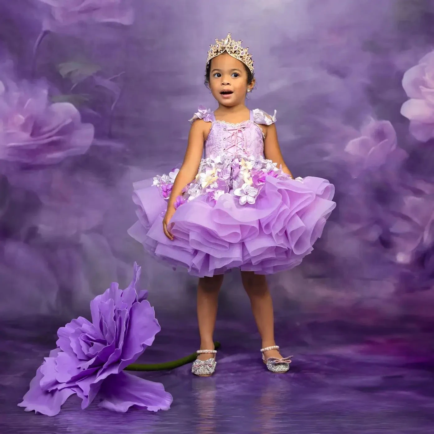 Lavender Flower Girl Dresses for Wedding 3D Floral Applique Knee Length First Communion Kids Birthday Party Gown Customized