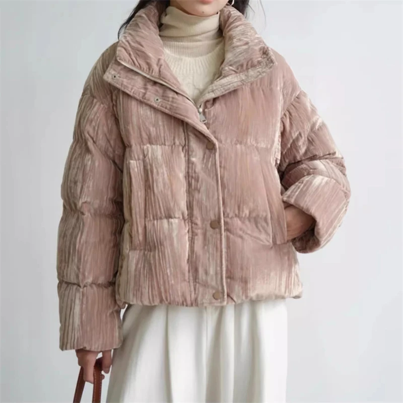 Chaqueta de plumón cálida y gruesa de terciopelo con cuello levantado para mujer, abrigo de plumón de pato blanco corto ajustado a la moda de alta calidad, novedad de invierno de 2025