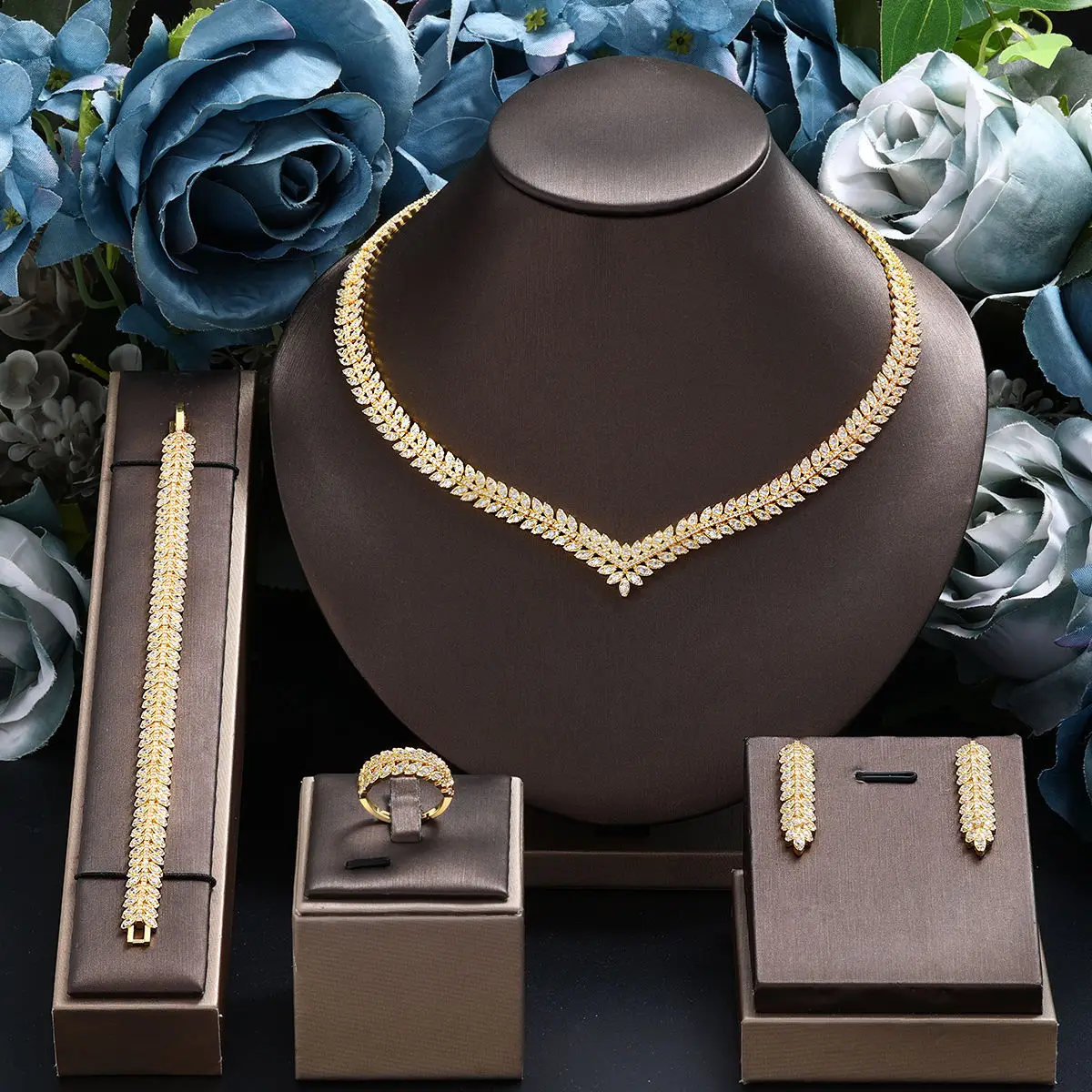 Zirconia Bruidssieraden Set Voor Vrouwen Dubai Saudi Bruiloft Ketting Oorbel Armband Ring Set Prom Avondjurk Feestsieraden
