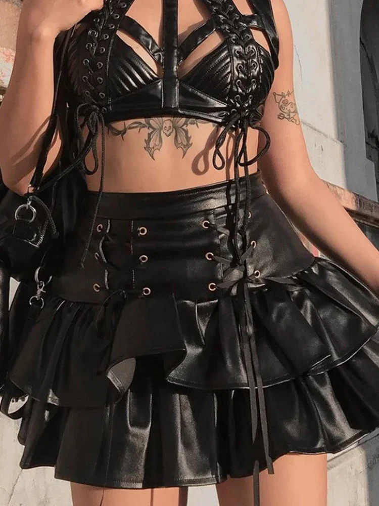 

INSCUTEE 2024 Mall Goth Pu Skirt Women Y2k Fairycore Grunge High Waist Lace-up Corset Cake Skirt Streetwear Emo Indie Clubwear