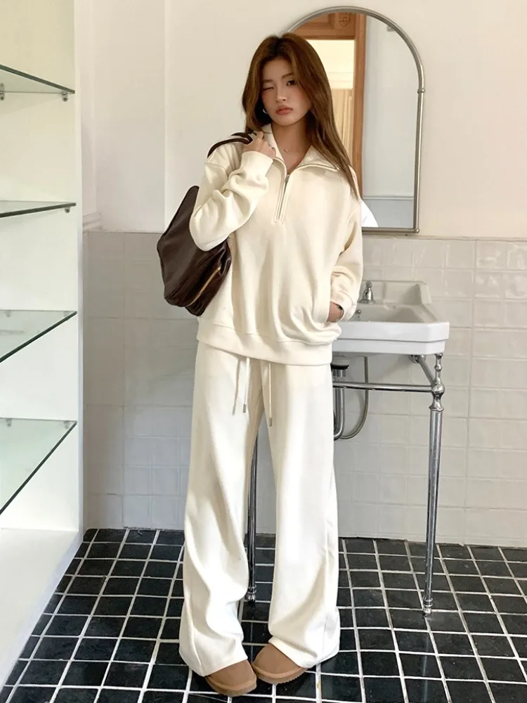 

Thiened Fce f Zip Ne Casual Wide Leg Pants Faionable Two-Piece Set Women's Autumn Winter Leisure Sportswear