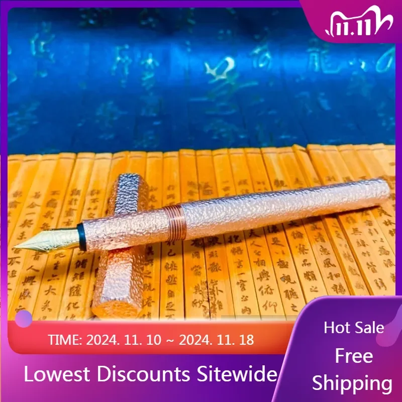 Pure Purple Copper Handmade Small Hammer Fountain Pen Schmidt Tip EF/F Nib Ink Pen Luxury Office School Supplies Writing