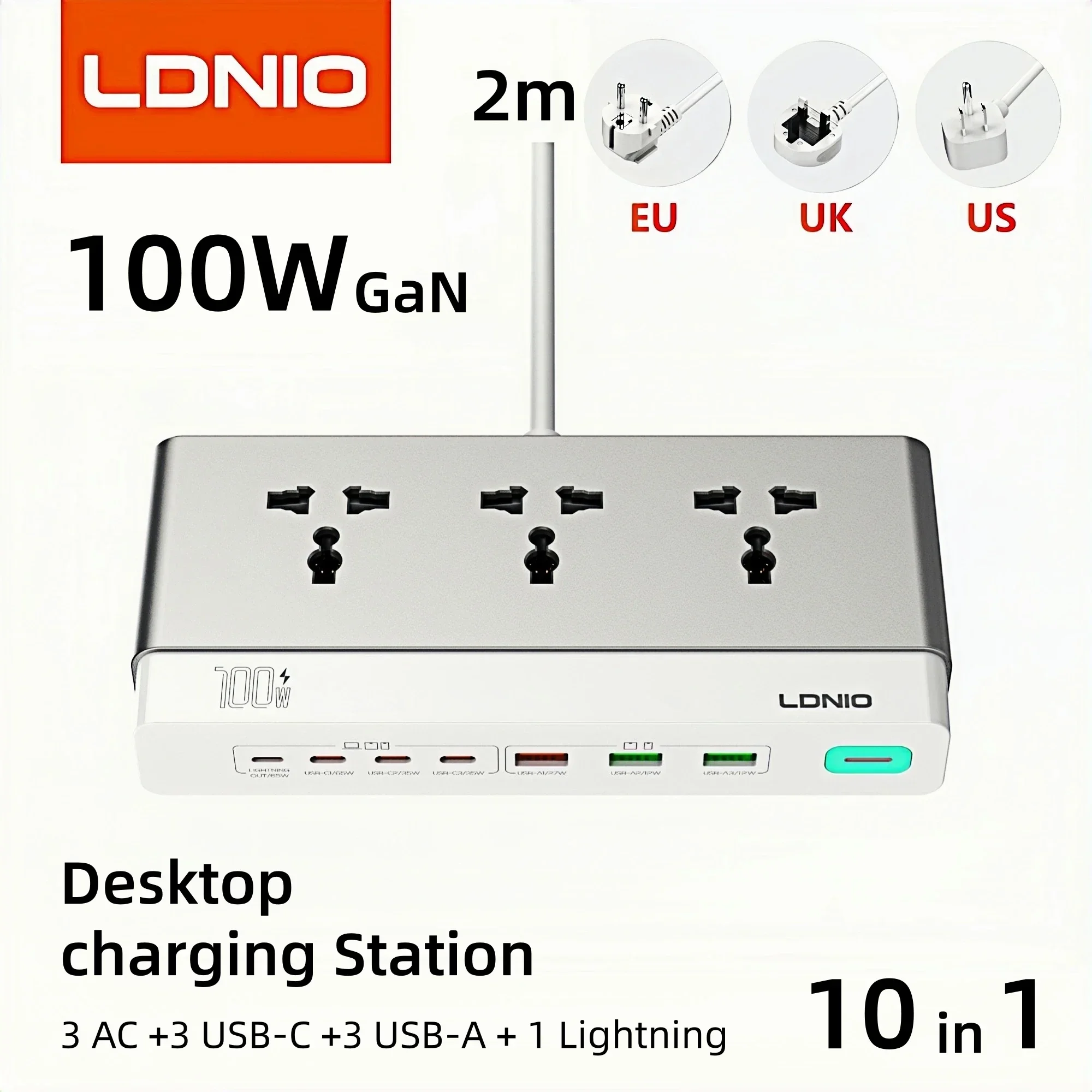 LDNIO 10-in-1 GaN Desktop Charging Station 100W 65W PD Fast Charger with Universal AC Outlets for Home Office Multi-Device Power
