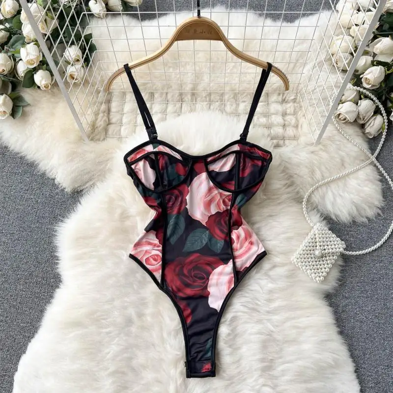 AE Style Women\'s Inset Mesh Red Fashion Versatile Floral Print Bottom Tight Jumpsuit Sexy Bodysuit