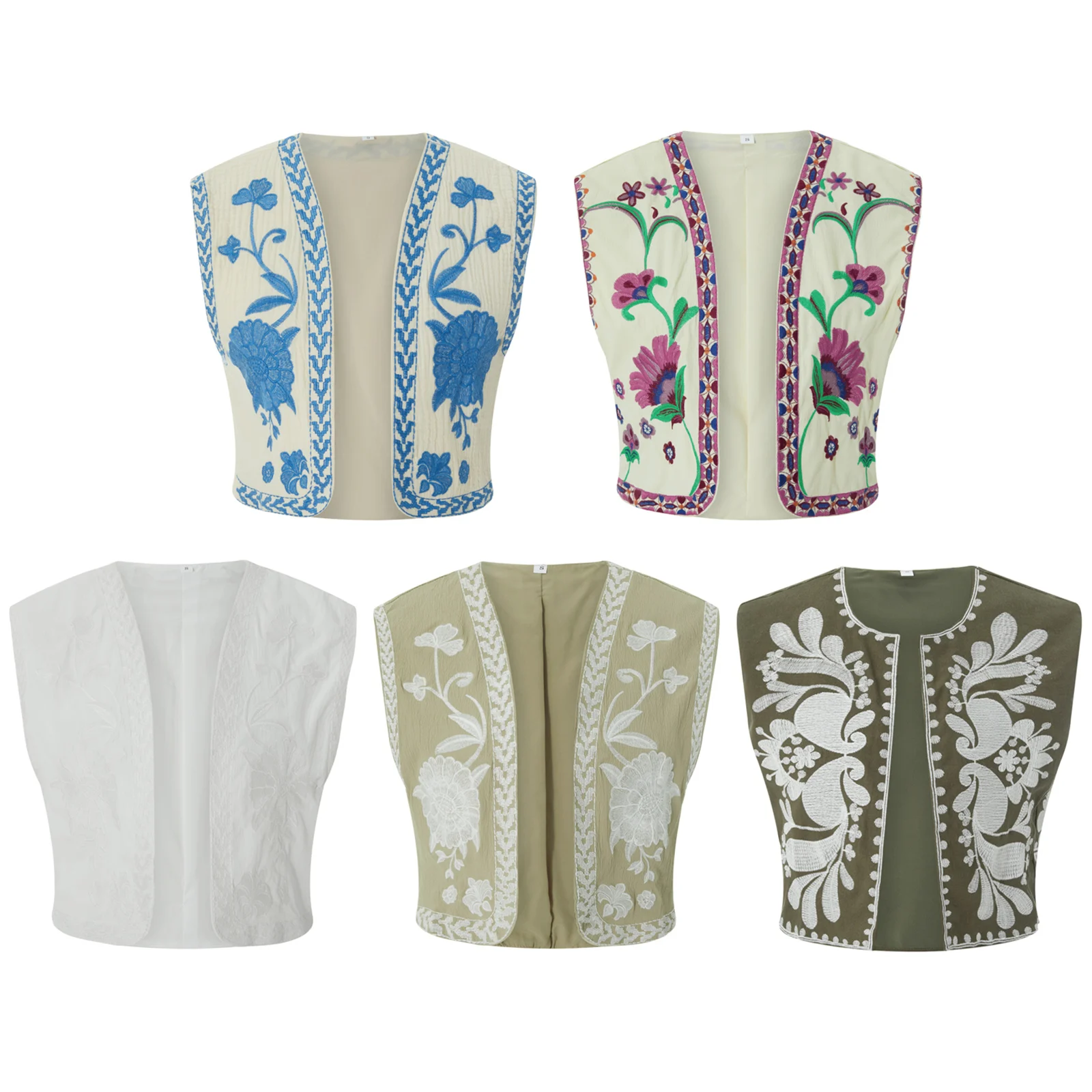 Women Vintage Embroidered Crop Vest Top Y2K Boho Floral Sleeveless Open Front Cardigan Flower Linen Vest Waistcoat Gilet Outwear