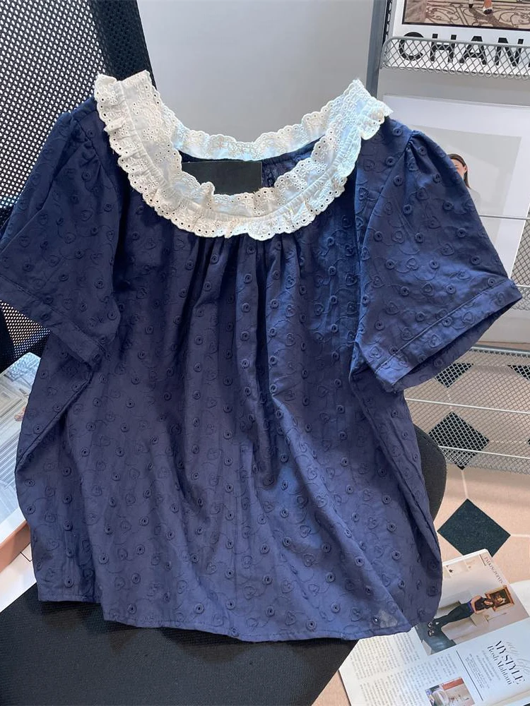 Chemisier à lacets en dentelle à manches bulles bleu marine pour étudiante, petit haut polyvalent de style coréen doux et doux