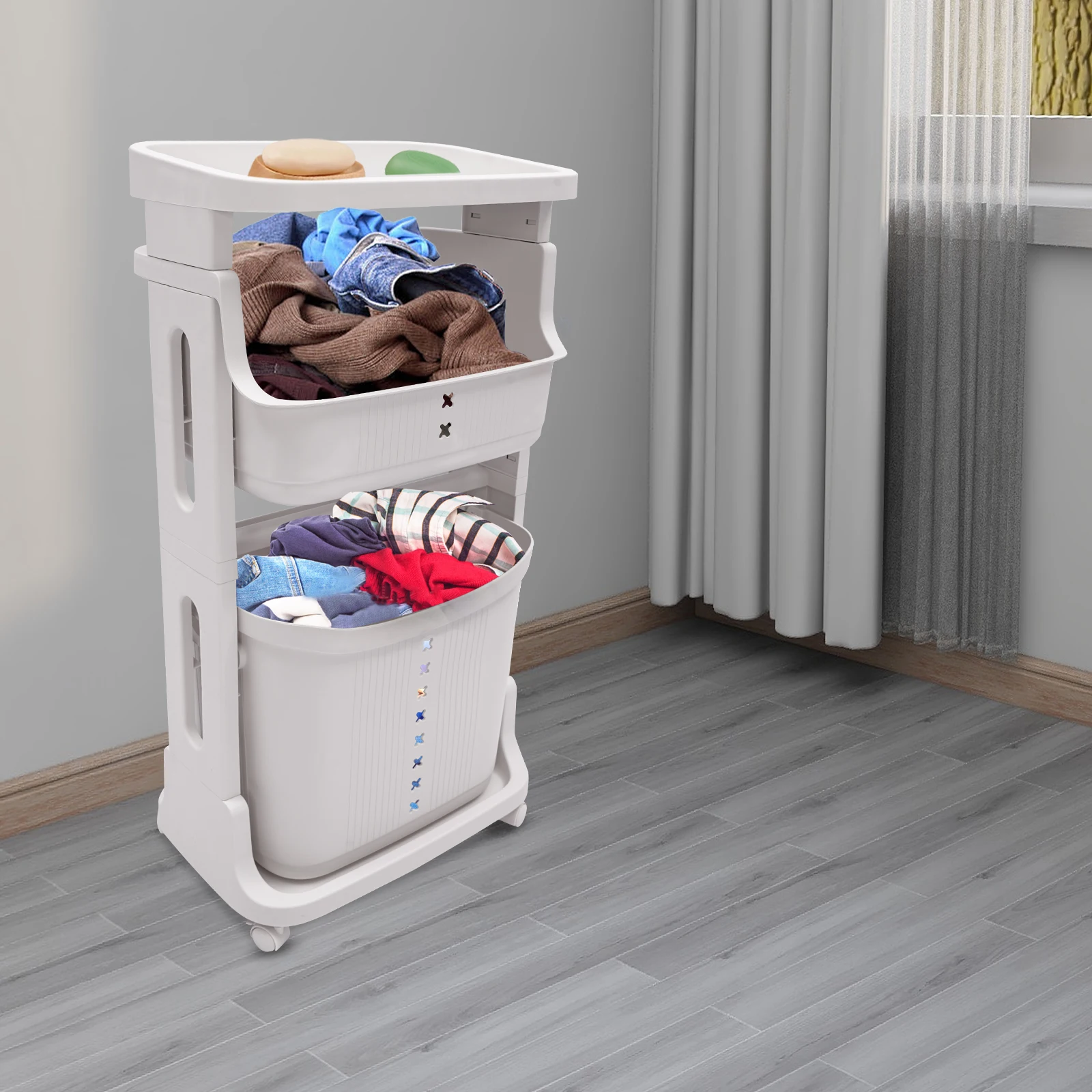 3 Tier Rolling Storage Cart, White Laundry Baskets, Portable Laundry Baskets, Laundry Hampers