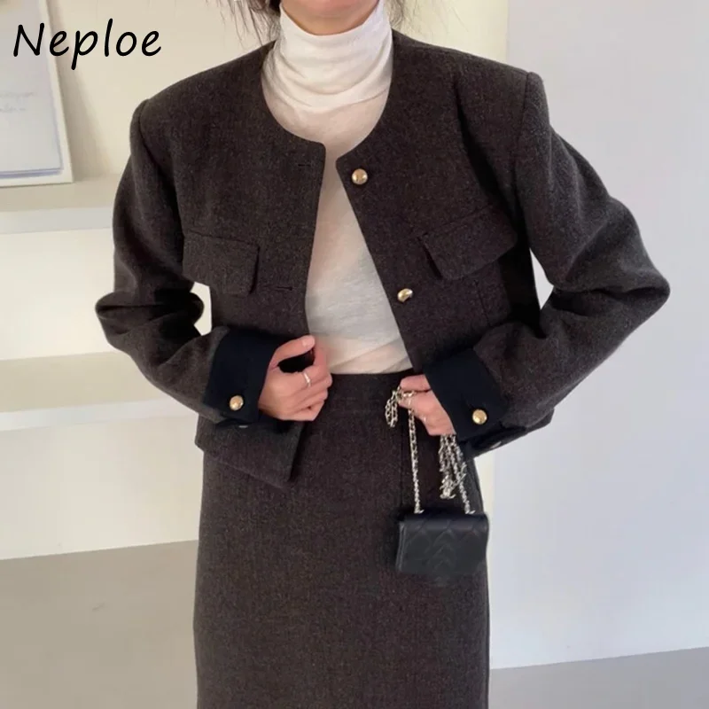 Neploe Y2k Autunno Inverno Giacca Donna O Collo Colore a contrasto Cappotto a maniche lunghe monopetto Slim Chaquetas Jaqueta Feminina