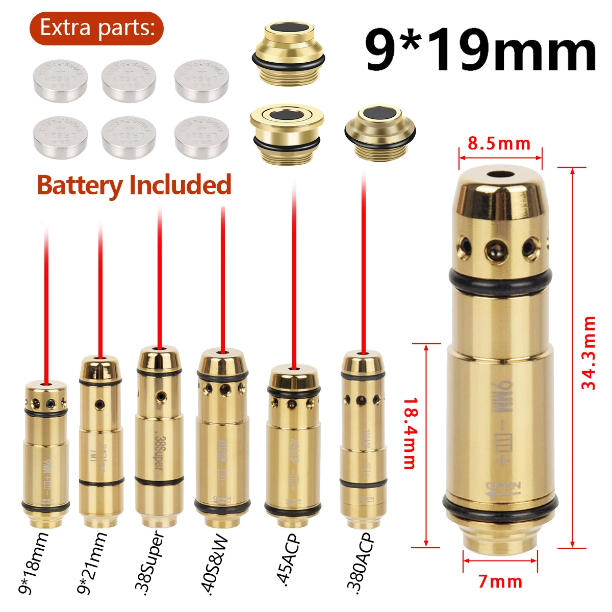 Hunting 9mm Dry Fire Training Laser Bullet Boresighter For Glock 17 19 43 380 ACP .223Rem 40S&W Cartridge Red Laser Bore Sight