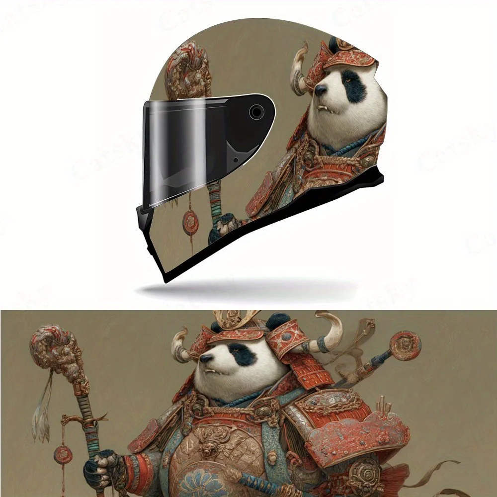 Panda Samurai en armadura azul y roja, pegatina envolvente para casco completo, casco de motocicleta, calcomanía gráfica de carreras, calcomanía para casco envolvente de vinilo