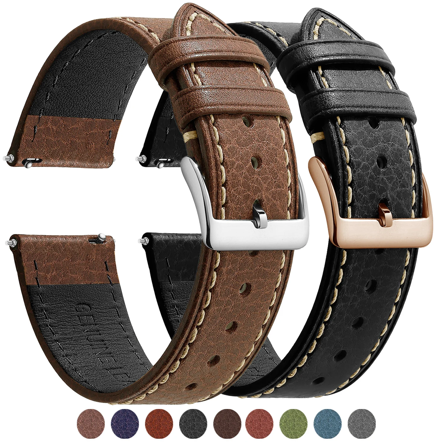 Pulseira de Relógio de Couro Genuíno Premium, Couro Nappa Natural com Curtimento Vegetal, 12/14/16/18/19/20/21/22/24mm, Pulseira de Relógio com Liberação Rápida