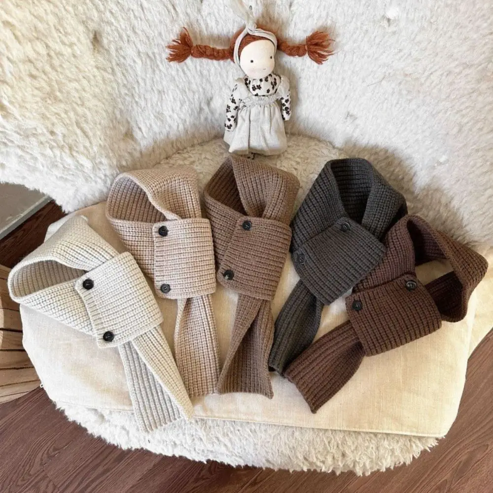 Warm Windproof Baby Cross Scarf Button Design Solid Color Children Muffler Cross Collar Knit Neck Warmer For Baby Boys Girls