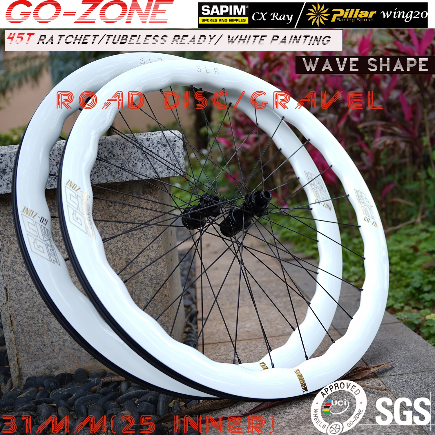 

Сверхлегкая белая окраска шириной 31 мм, 700c, волнистые гравийные дорожные карбоновые колеса, дисковый тормоз R330D 45T, бескамерная велосипедная колесная пара с храповым механизмом UCI