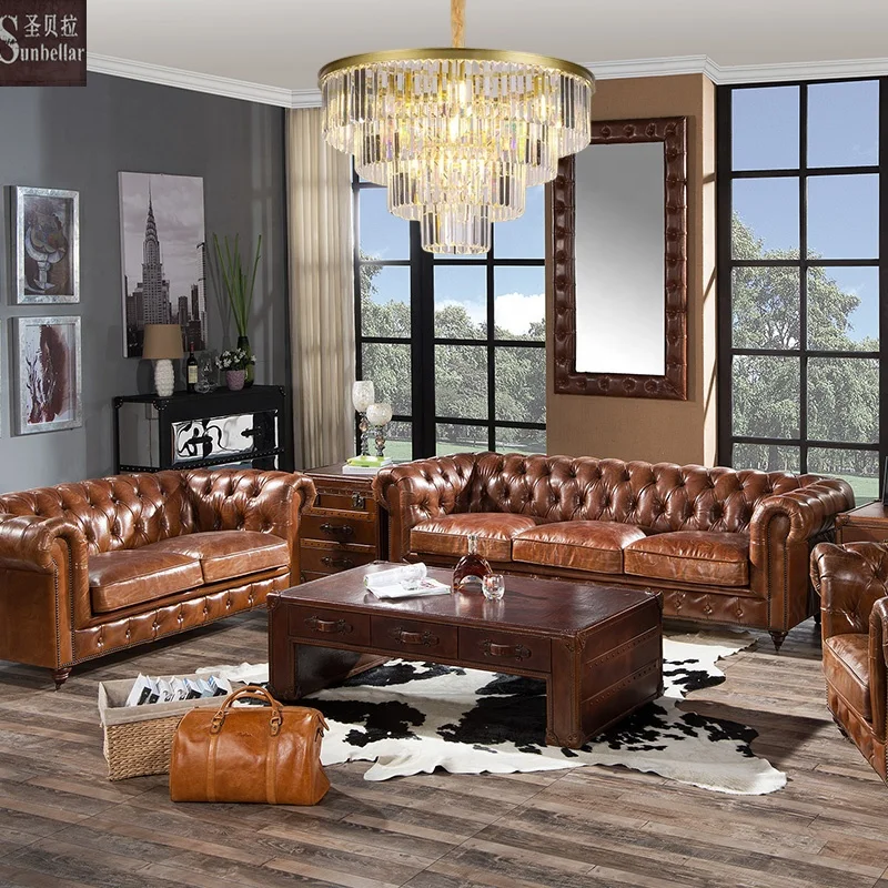 

Antique High Quality Vintage Genuine Leather Sofa Set 100% Top Grain Leather Chesterfield Sofa Luxury Living Room Sofa Furniture