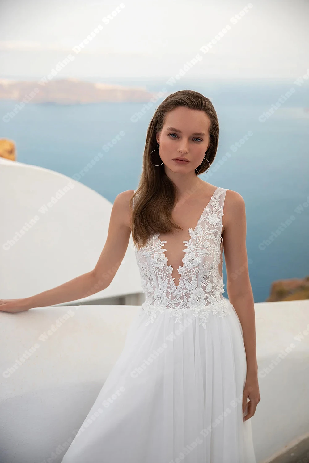 فساتين زفاف أنيقة على شكل حرف a للنساء مثيرة على شكل حرف v بدون أكمام من التل فستان العروس الرسمي للحفلات الأميرة فيستدوس دي نوفيا مخصص