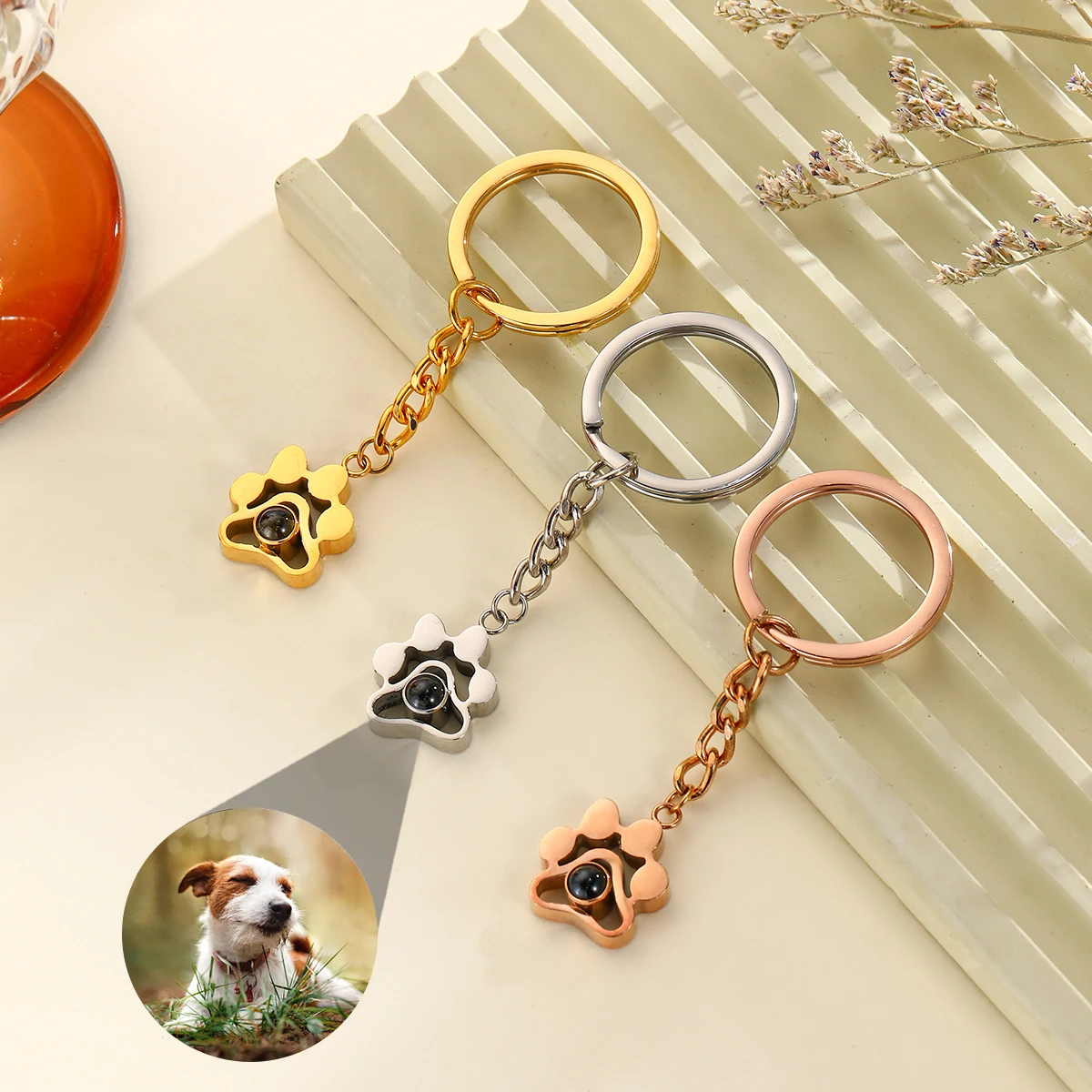 

Custom Photo Projection Key Ring Dog Paw Pendant Personalized Keychain With Pet Picture Inside Stainless Steel Jewelry Gifts