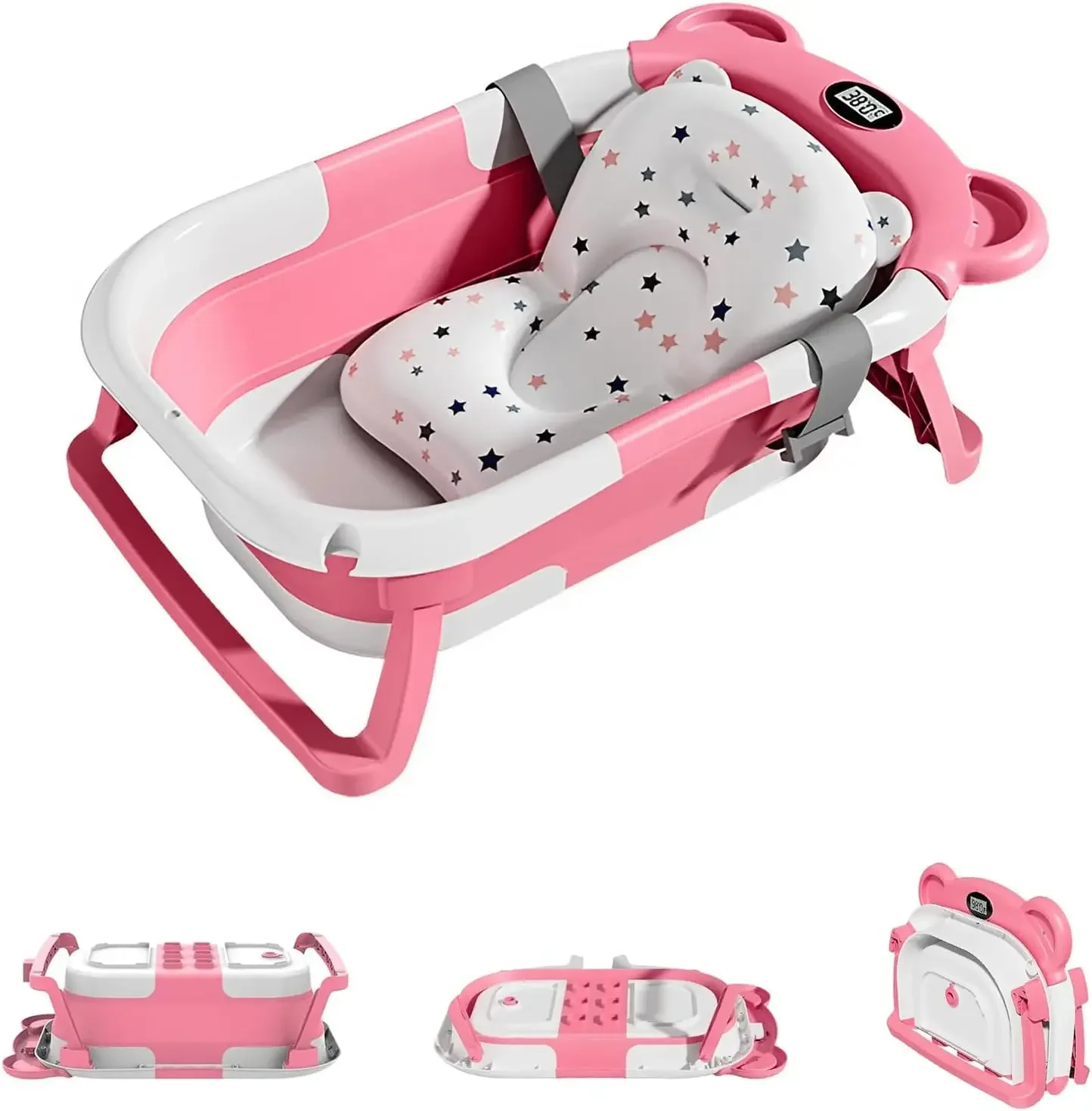 

UBRAVOO Newborn Baby Bath Tub with Real-time Temperature Monitoring, Foldable Toddler Bath with Soft Cushion Pad,Portable