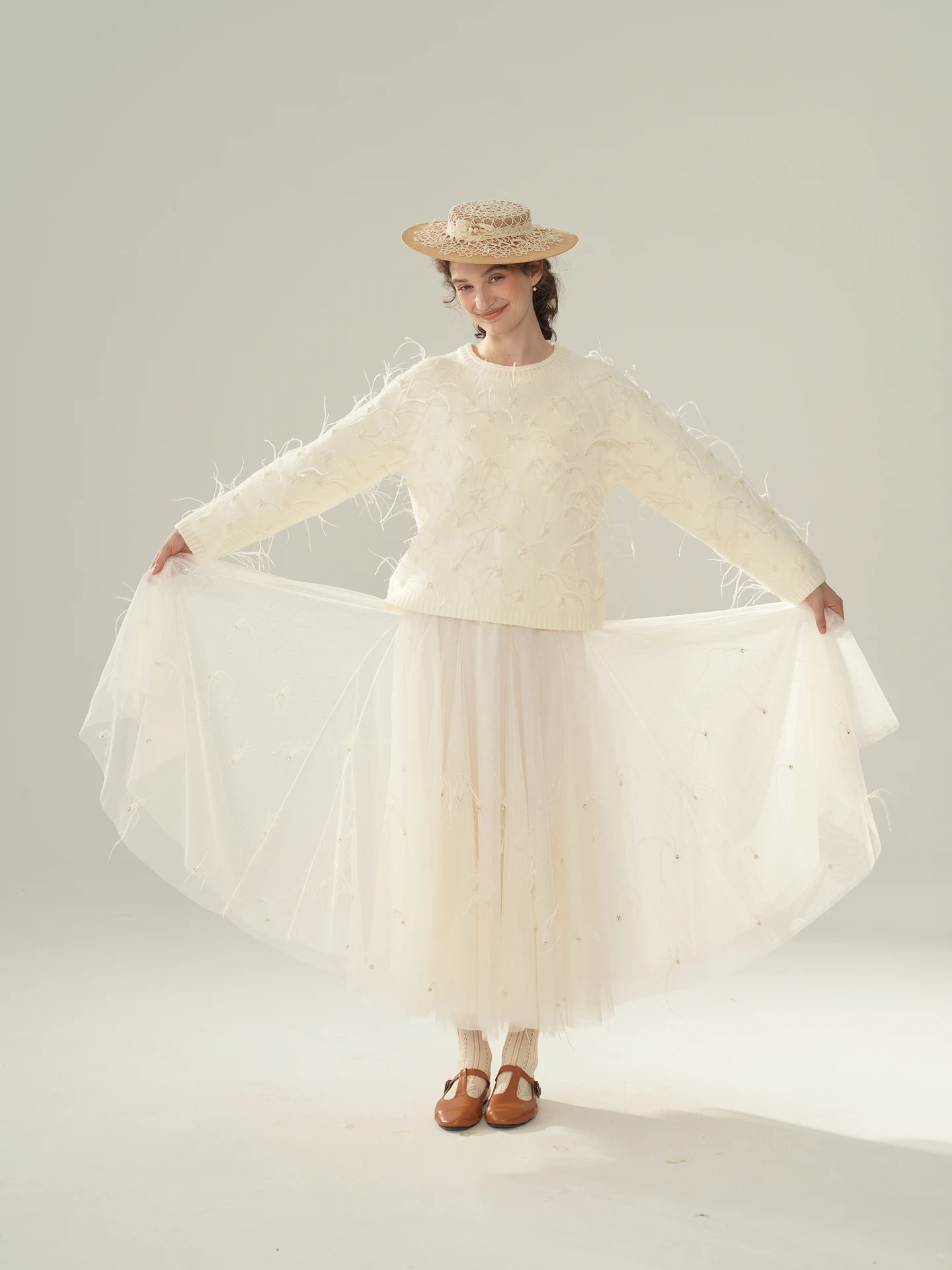 

Face Art Fairy Bird Feather Knitted Woolen Sweater f Skirt Set Handmade Beaded Long Sve round Ne Loose Fit Sweet Sle