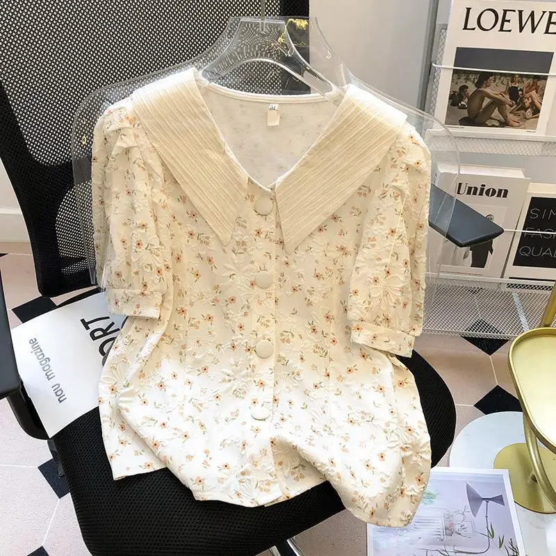 2024 Summer New Blouses Sweet Commute Spliced Printed Polo-Neck Single-breasted Shorts Puff Sleeve Loose Women's Clothing Shirts