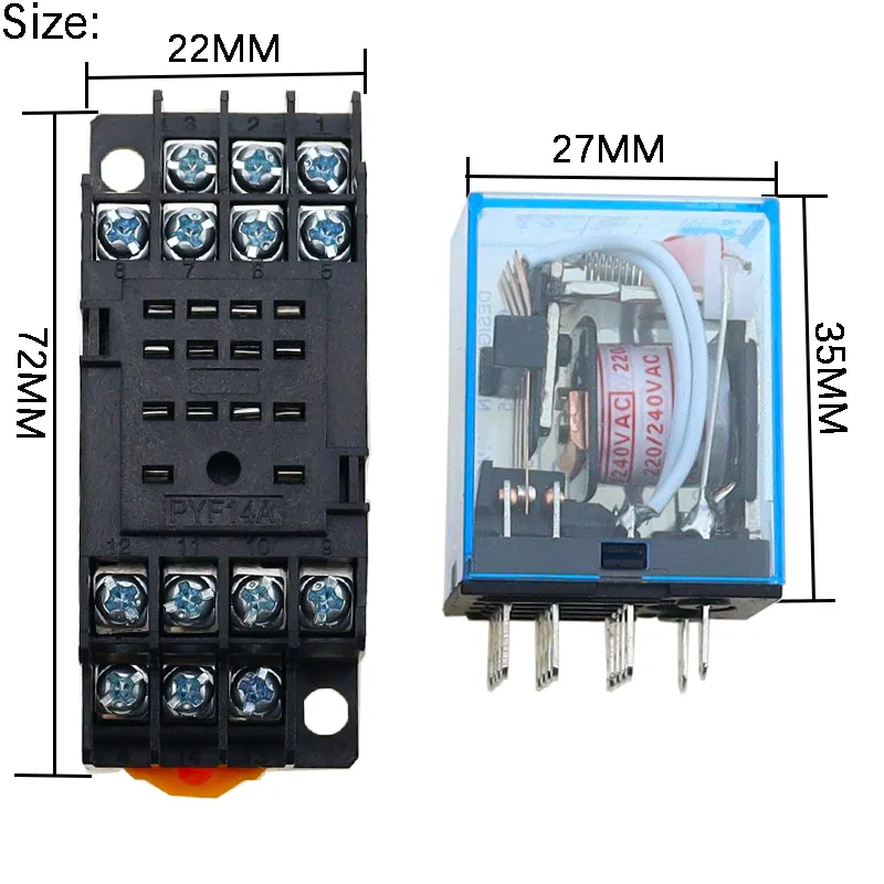 10Set MY4N DC12V AC12V DC24V AC24V Coil 5A 4NO 4NC LED Indicator Power Relay DIN Rail 14 Pin time relay with socket base