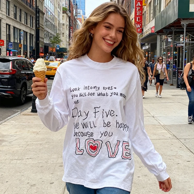 Damska koszulka z nadrukiem w stylu amerykańskim, nowość na jesień 2025, 100% bawełna, biała, z długim rękawem, codzienna koszulka, top w stylu Y2k, odzież damska.