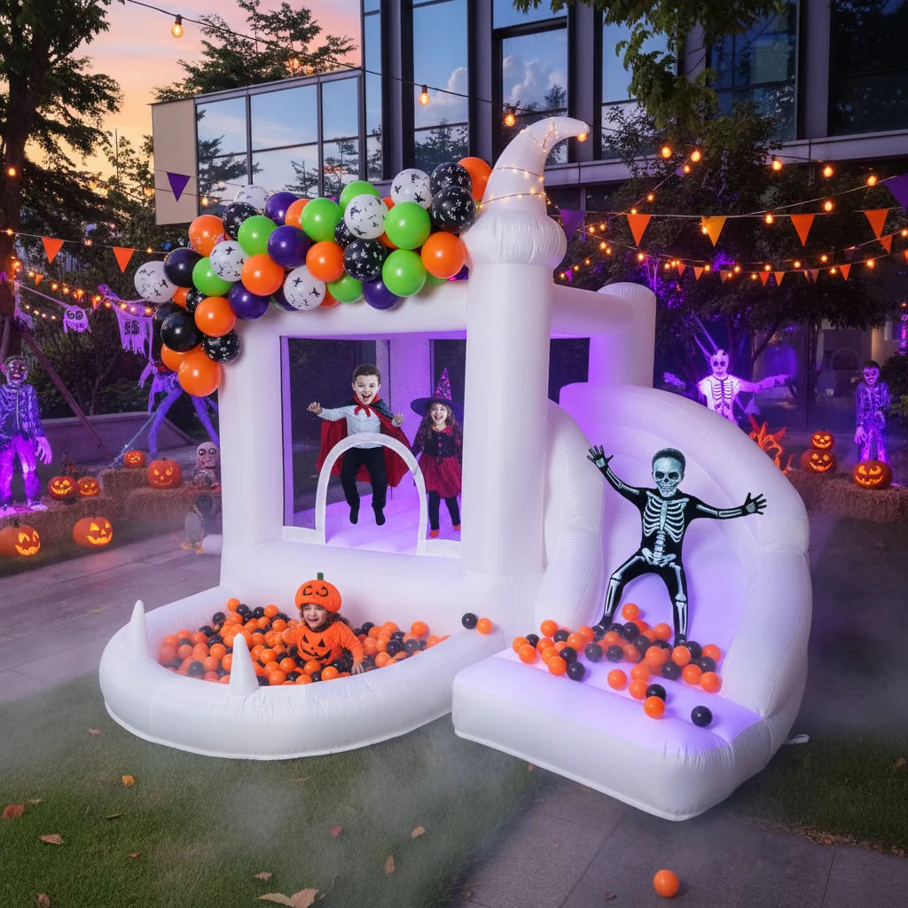 Maison de rebond blanche avec souffleur, piscine à balles pour enfants, château gonflable d'arrière-cour familial adapté à la personnalisation des fêtes d'événements d'anniversaire