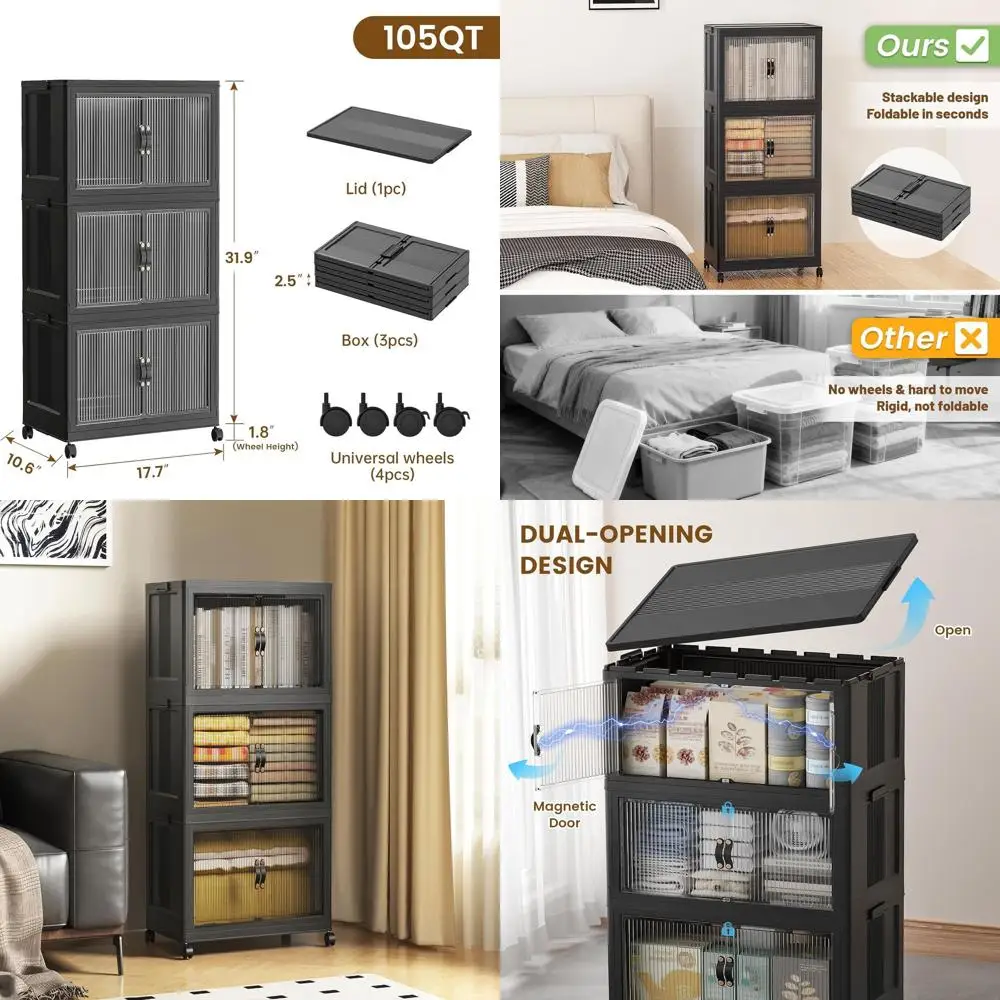 

Stackable Collapsible Storage Bins with Lid, 18W x 11D x 32H, Black Closet Organizer Storage Box