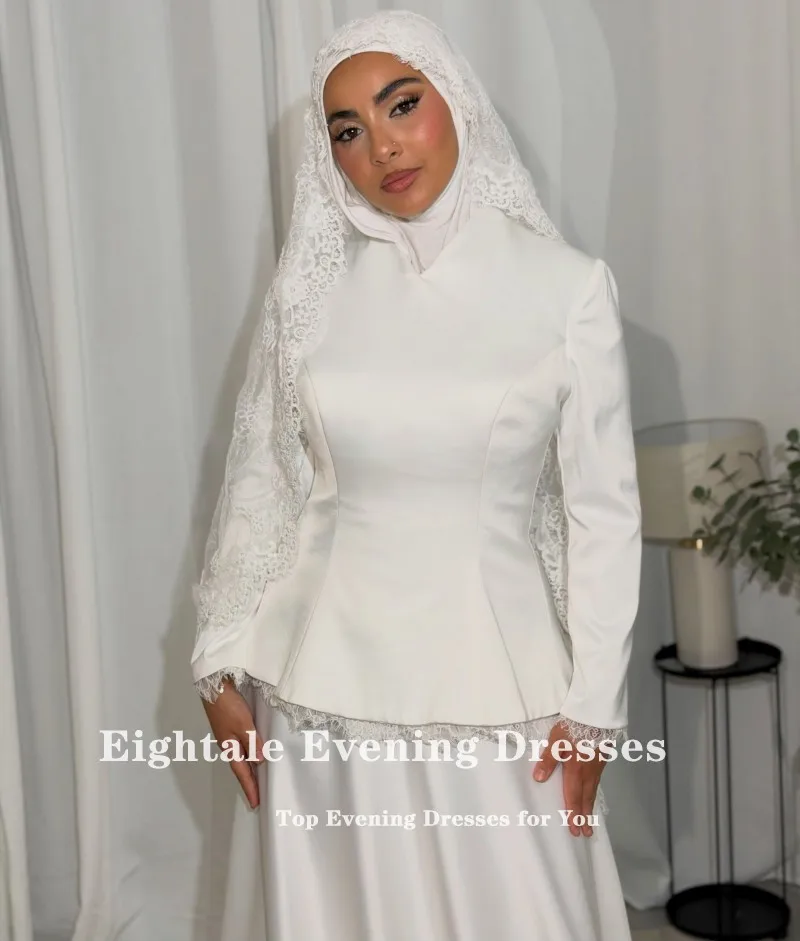 Eightale Arabic Wedding Dress Customized Bridal Gown V-Neck Long Lace Sleeves Bride Party Dress Floor Length Vestido De Novia