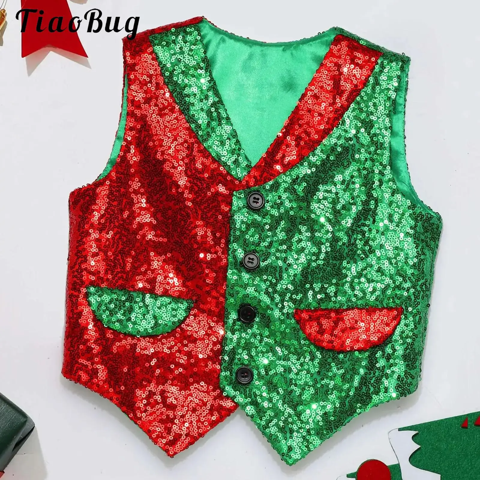 Boys Girls Christmas Sequined Dance Hip Hop Performance Party Costume Vests Jacket Waistcoat Green Red Santa Elf Cosplay Tops
