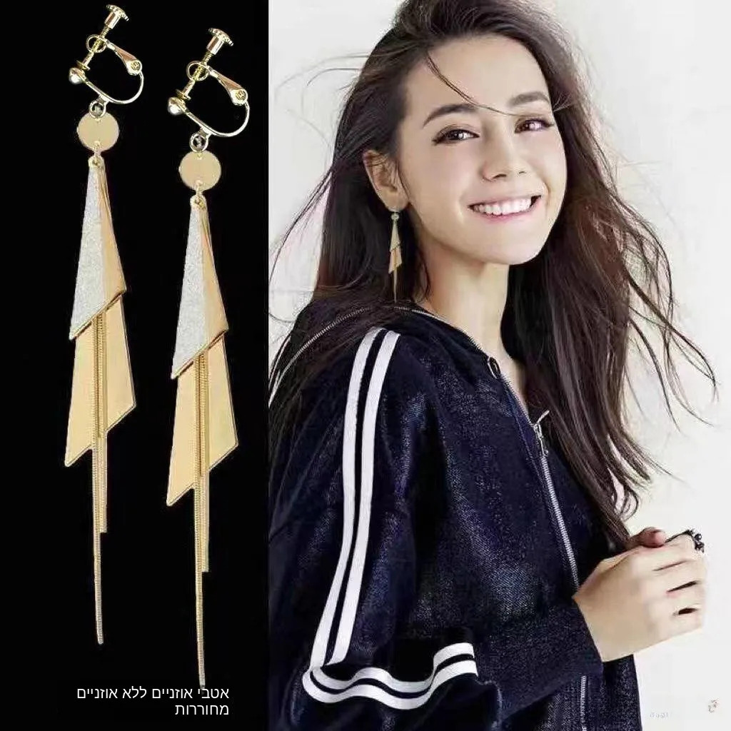 Long Tassel Metal Earrings for Women without Piercing Gold  Drop Earrings Fashionable Slimming Ear Cuffs
