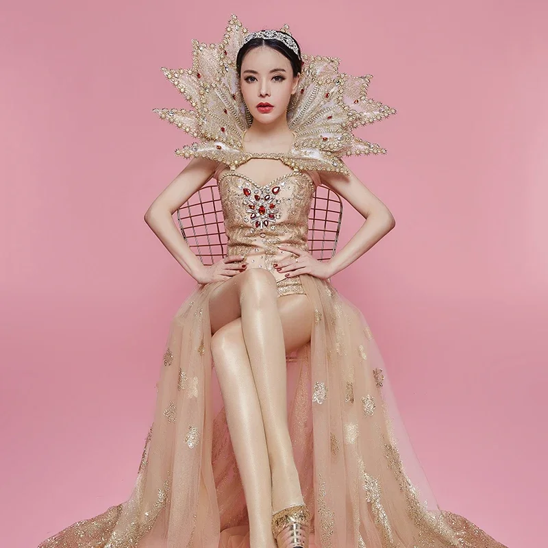 여성 고급 럭셔리 의상 금색 크리스탈 다이아몬드 바디수트 모던 댄스 쇼 의상 무대 캣워크 댄스웨어