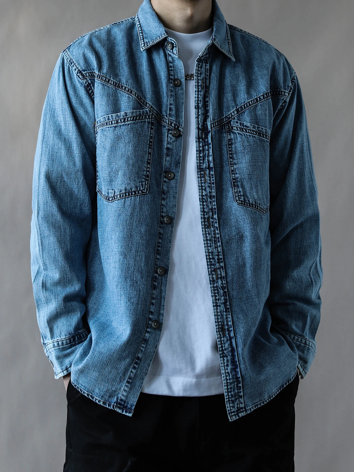 

American Retro Heavyweight Workwear Denim irt Men Loose Casual Long Sve Jaet Spring New Sle Light Blue Cotton irt