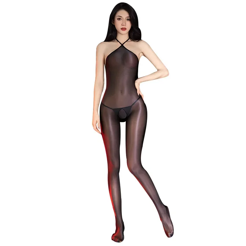 Ultra-บาง SHEER ดูผ่านเซ็กซี่ Jumpsuit เปิด Crotch สลิงบอดี้สูทผู้หญิงสี Candy น้ํามันเงาฤดูร้อนเต้นรําชุด