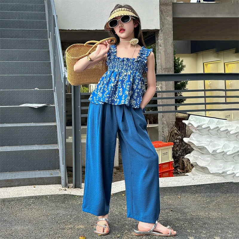 

2024 summer fashion junior Girls clothes sets floral suspender doll shirt shaky pants 2-piece stylish children suit kids outfits