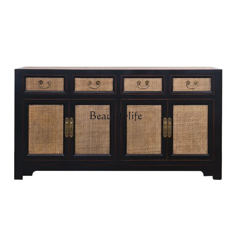 Modern new Chinese-style solid wood four-door four-draw mat surface painted antique entrance cabinet