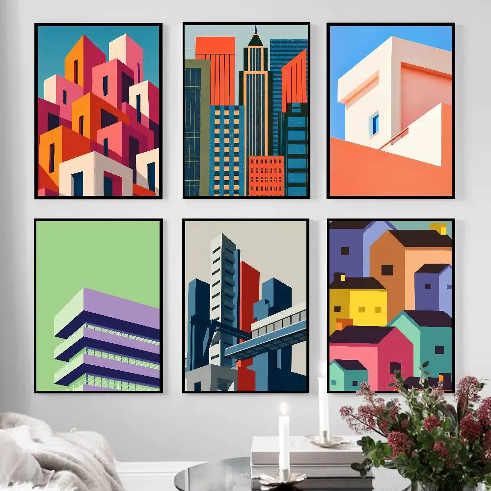 Colorful Geometric City Building Poster Minimal Flat Abstract Skyscraper Vibrant Cubist Urban Landscape Living Room Decor