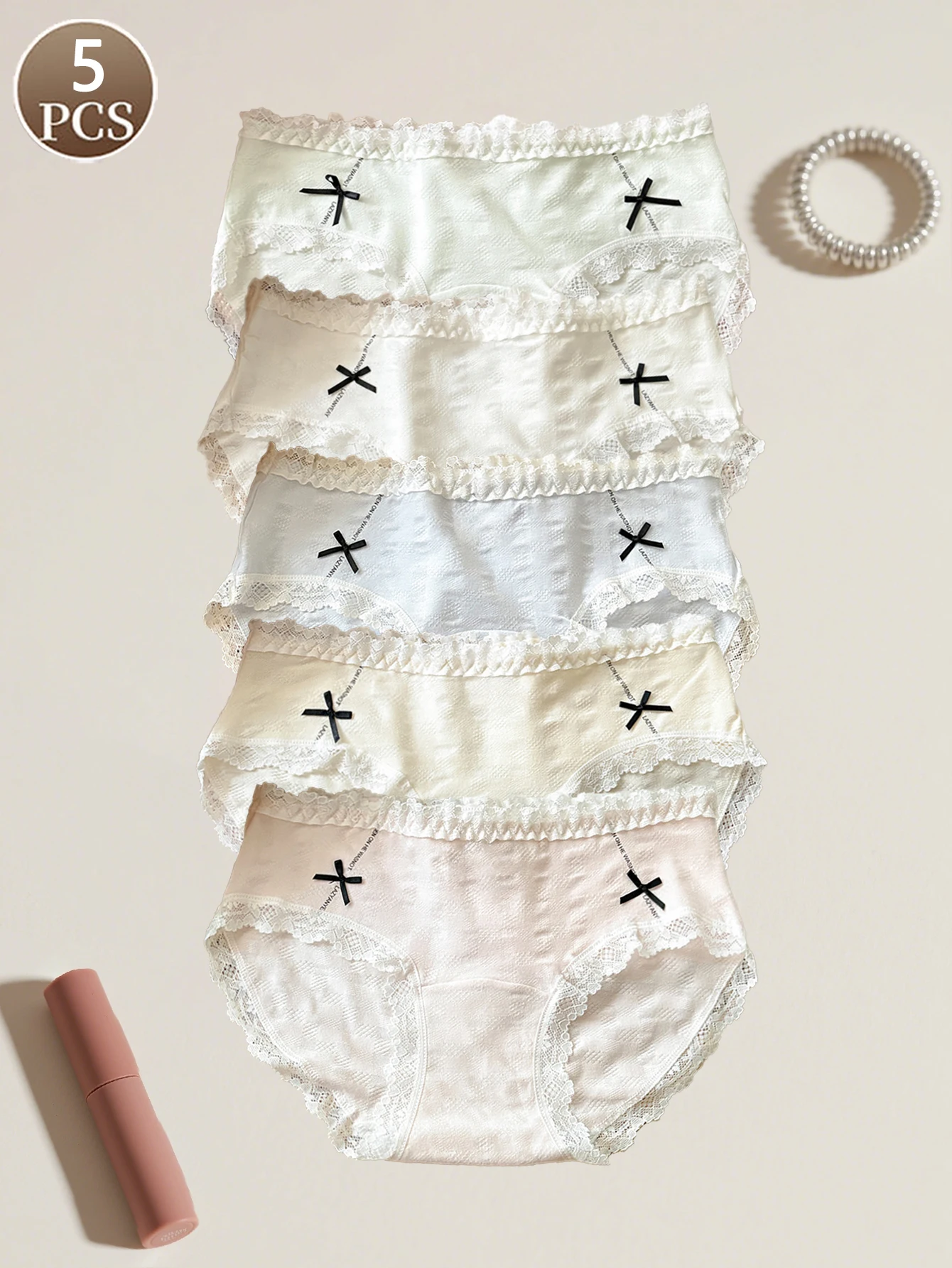 5PCS women's briefs cute bow lace women's casual sports underwear mid waist solid color soft and comfortable women's briefs