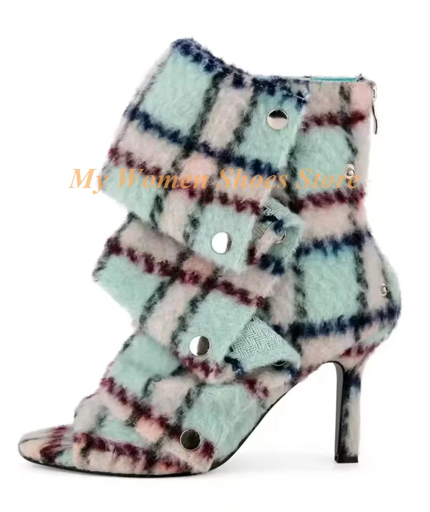 Botines de tacón de aguja con punta abierta y diseño de rejilla, cremallera trasera, estilo pasarela, primavera-otoño 2026, zapatos de vestir para mujer, con remaches plisados, hechos a mano.
