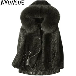 AYUNSUE 2020 Winter Women's Fur Coat Short Sheep Shearling Female Jacket Real Wool Coats Natural Fox Fur Hooded 17096 WYQ1182