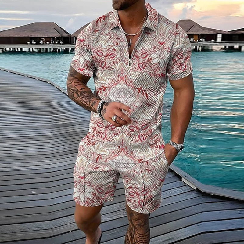 2024 New Men\'s Sports Fashion Set Printed Leaf Pattern Oversized Men\'s Loose Zipper Lapel Top Summer Casual Ventilation Suit