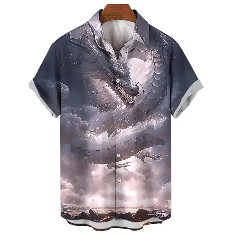 

Dragon Pattern Hawaiian Shirt For Men Exquisite 3D Print Short Sleeve Blouse Street Casual Beach Lapel Tops Loose Aloha Shirts