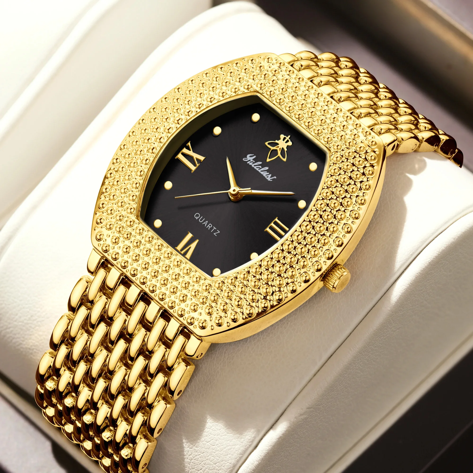 YaLaLuSi Brand 2024 Hot New Women\'s Watch Gold Case Black Face Luxury Gift Box Watch Remover Gift Ion Gold Plated