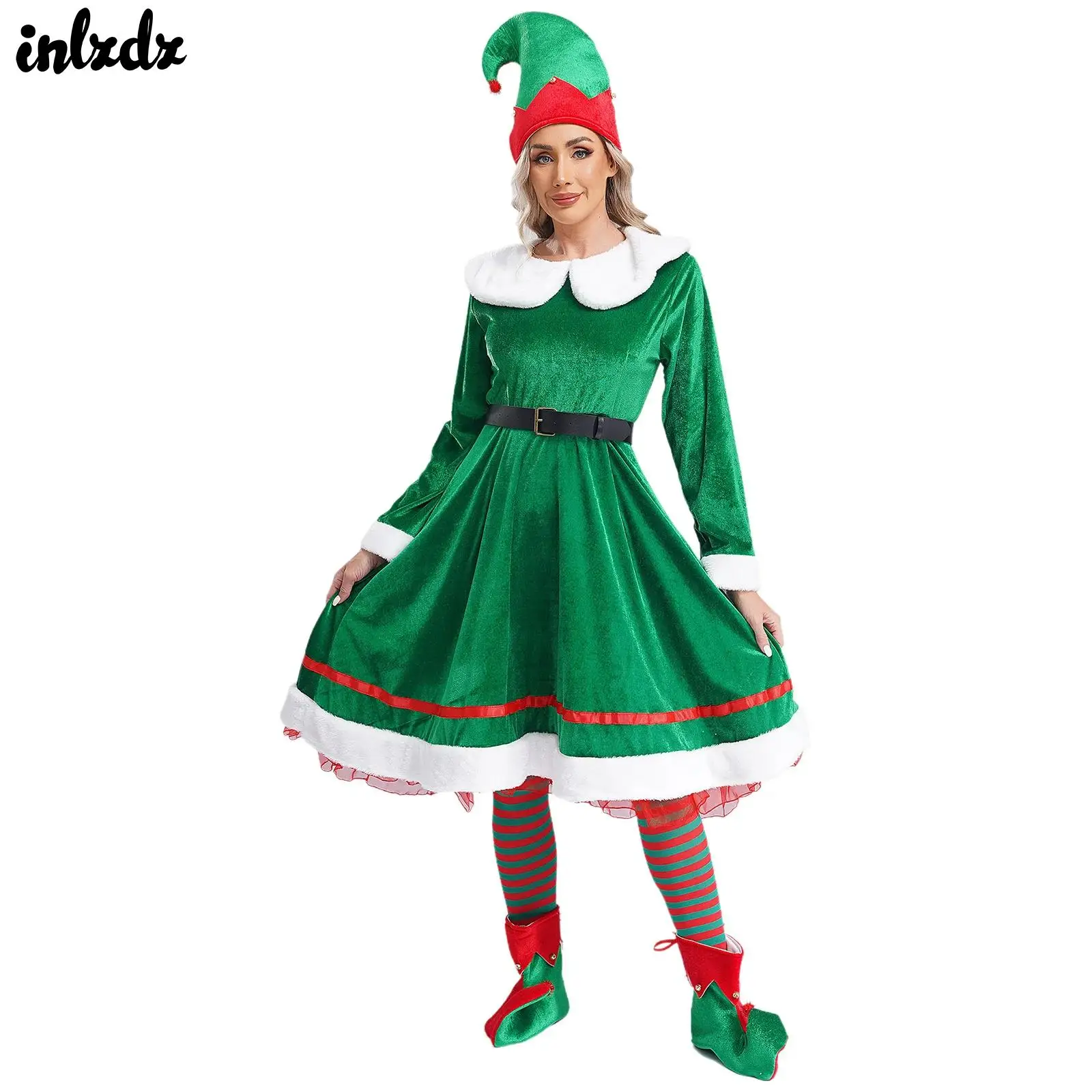 Womens Lovely Christmas Elf Miss Santa Claus Cosplay costume  Tinkle Bell Flannel Dress with Belt Hat Striped Stockings Shoes