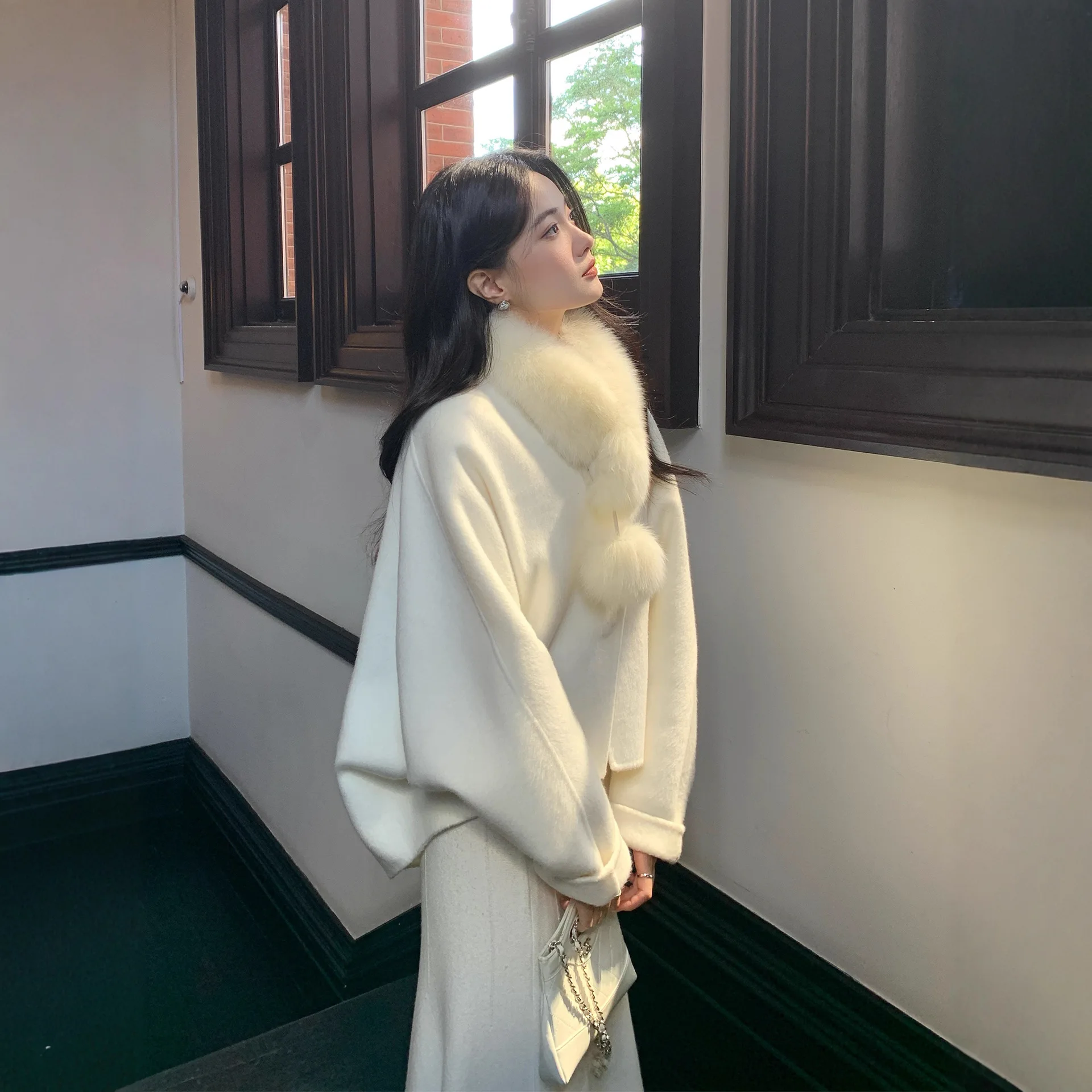 

Двусторонний шерстяной меховой воротник, верхняя одежда, женское свободное зимнее пальто, 00% шерсть, джентльменское пальто с принтом